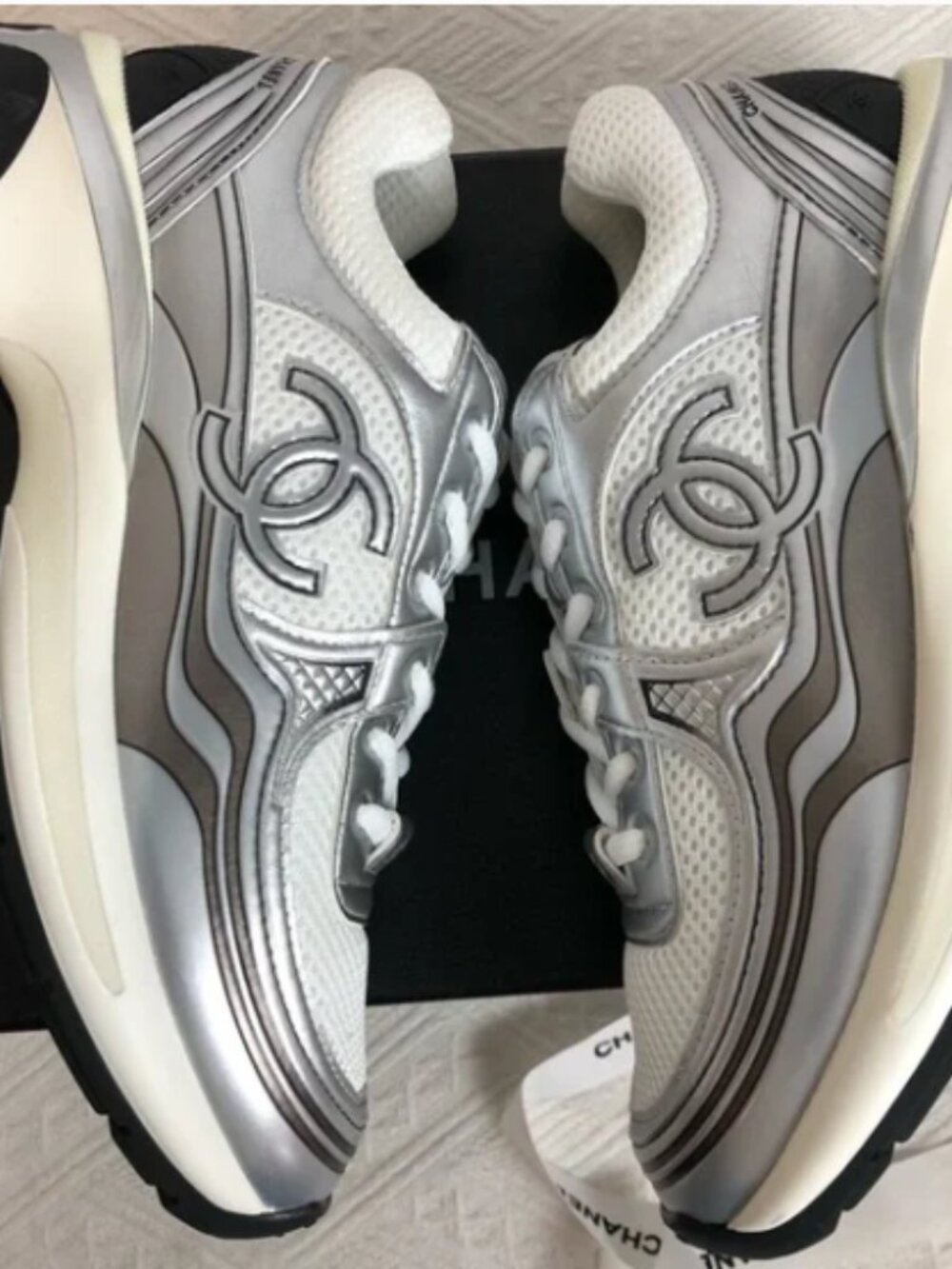 Chanel White and Silver Sneakers